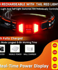 Rechargeable LED Headlamp With 1500 Lumens, Six Modes, Front And Tail Light With Separate Controls, red light display