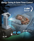 Child sleeping beside 4 In 1 Personal Portable Air Conditioner And Humidifier, Mini Evaporative Cooler Fan with timer display