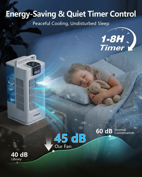 Child sleeping beside 4 In 1 Personal Portable Air Conditioner And Humidifier, Mini Evaporative Cooler Fan with timer display