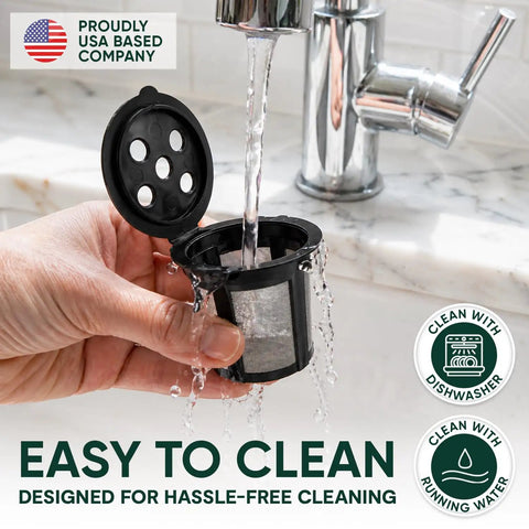 Reusable K Cups For Supreme Series With Multistream Technology being cleaned under running water in a kitchen sink.