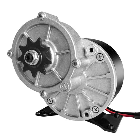12V 250W Gear Reduction Motor With 9 Tooth Sprocket MY1016Z2 Brushed Drive Motor, silver casing and black sprocket visible