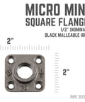 Half Inch Square Micro Mini Flange Fittings Set Black Malleable Iron For Standard Pipe Nipples And Fittings DIY Vintage Furniture Build 8 Pack Perfect For Shelves Lamps Tables And Art Projects, showing close-up of square flange with measurements.