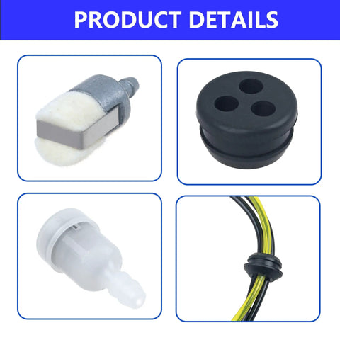 Detailed view of parts from 2 Pack Repower Fuel Line Kit For Trimmers And Brushcutters With Plug And Play Tank Grommets, Fuel Filter, And Vent