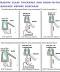 Diagram showing glass thickness and door clearance for frameless shower door seals for 1/4-inch and 3/8-inch glass.