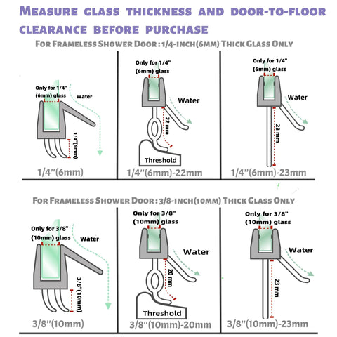 Diagram showing glass thickness and door clearance for frameless shower door seals for 1/4-inch and 3/8-inch glass.
