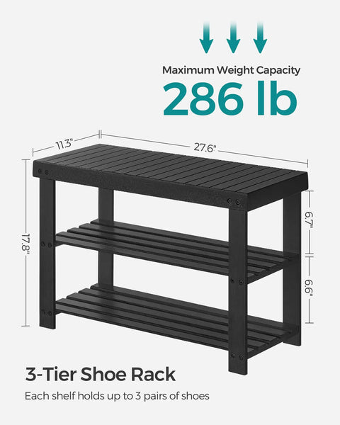 Diagram of sturdy bamboo shoe bench with 3 tier storage for entryway or bedroom holds up to 286 lb, ink black