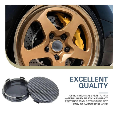 Premium Snap On Wheel Hub Center Caps For Universal Fit, Carbon Fiber Black Look, set of 4 on gold wheel, durable ABS build, easy install