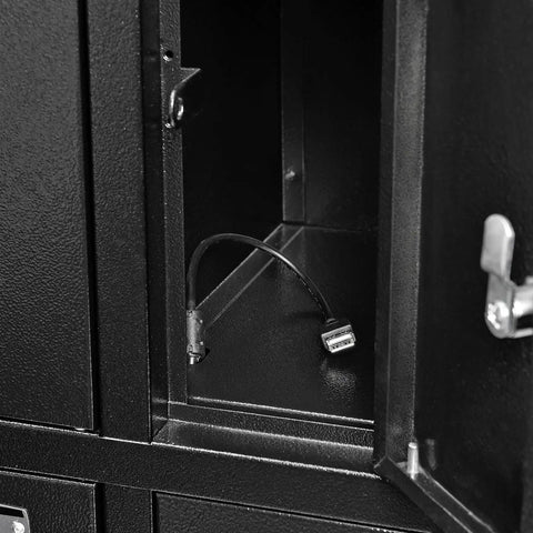 Inside view of Eight Door Smartphone Charging Locker featuring sturdy steel build and USB outlet for charging devices.