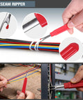 Upgraded 6 Piece Cable Splicer Kit With Genuine Leather Pouch showcasing red seam ripper in use on cables.