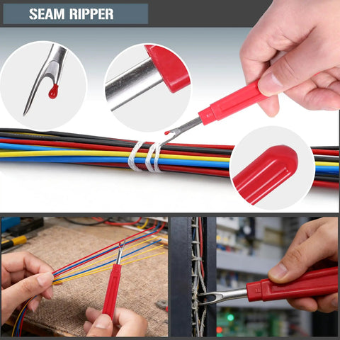 Upgraded 6 Piece Cable Splicer Kit With Genuine Leather Pouch showcasing red seam ripper in use on cables.