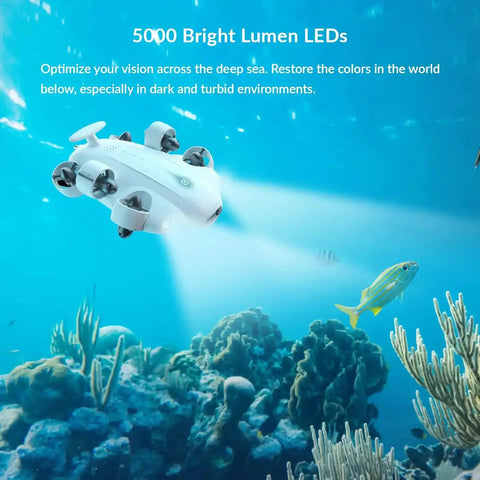 4K VR Underwater Drone With Robotic Arm Evo Standard illuminating ocean floor with LED lights, exploring coral reef.