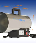 Big 60,000 BTU Portable Propane Forced Air Heater For Outdoor Use, stainless steel, dimensions labeled