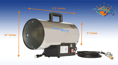 Big 60,000 BTU Portable Propane Forced Air Heater For Outdoor Use, stainless steel, dimensions labeled
