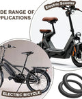 Beefy 14x2.125 Inner Tube For 14 Inch Scooter Tires Thickened Butyl Heavy Duty Replacement With 45 Degree Angled Valve Stem 2 Pack, shown with electric scooter and bicycle applications