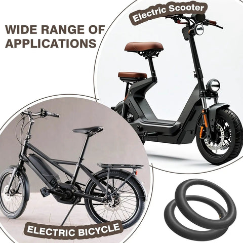 Beefy 14x2.125 Inner Tube For 14 Inch Scooter Tires Thickened Butyl Heavy Duty Replacement With 45 Degree Angled Valve Stem 2 Pack, shown with electric scooter and bicycle applications