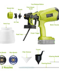 Cordless HVLP Paint Sprayer With 200W Brushless Motor And Roomy Cup showing components like nozzle, paint cup, and cleaning tools.