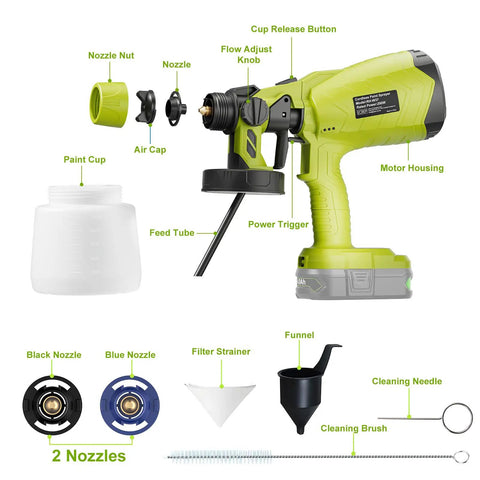 Cordless HVLP Paint Sprayer With 200W Brushless Motor And Roomy Cup showing components like nozzle, paint cup, and cleaning tools.