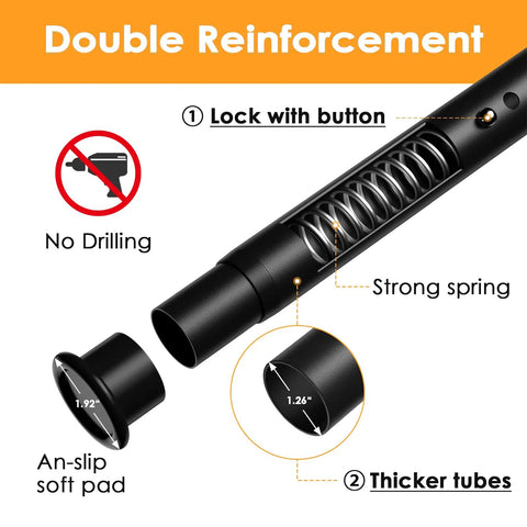 No Drill Tension Curtain Rod 43 To 124 Inch Adjustable Extra Long Beefy Heavy Duty Spring Loaded Rod with double reinforcement features.