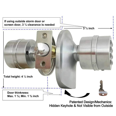 Easy DIY Electronic Keypad Door Knob Lock Set With Backup Mechanical Key showing dimensions and keyhole design