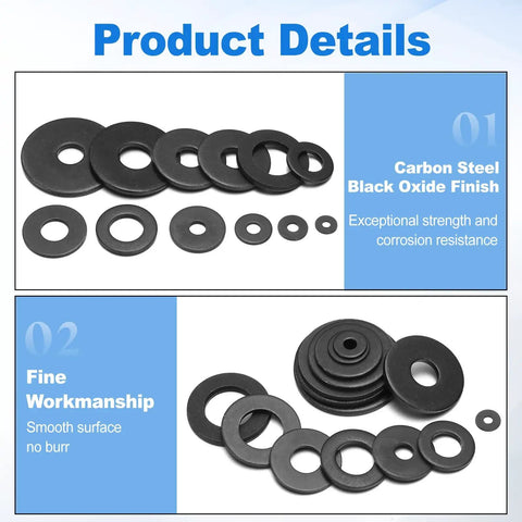 M4 Fender Washers Black Oxide Carbon Steel Flat Gaskets For Screws Bolts 100 Piece Pack displayed in various sizes for easy selection.