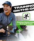 Smiling golfer with bag, promoting Four Pack Golf Putting Gates With Stands For Indoor And Outdoor Practice Stroke Control And Accuracy Training Aids Portable Green Practice Kit For All Skill Levels Beginner To Pro.