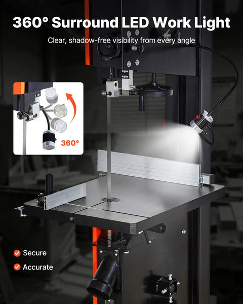 Heavy Duty Woodworking Bandsaw With 3 HP 2240W Motor 18 Inch Cutting Capacity showing 360 Degree LED Work Light