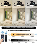 30 Inch Flush Mount Ceiling Fan With No Fuss Remote And App Control, dimmable LED light settings, showing color temperature scale.