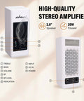 Front and back view of high-quality stereo amplifier with labeled features, 2.0" speaker, 20W power output.