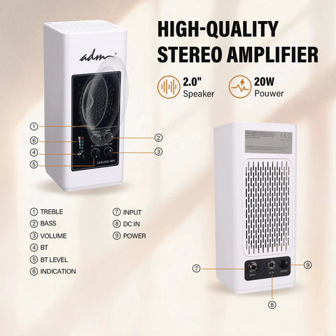 Front and back view of high-quality stereo amplifier with labeled features, 2.0" speaker, 20W power output.