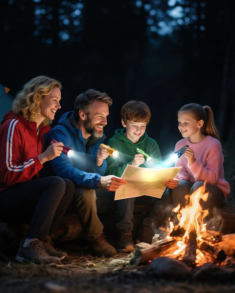 Family using Four Pack High Power Glow In Dark Mini LED Flashlights Aluminum Body Impact Resistant Portable Emergency Lamp outdoors.