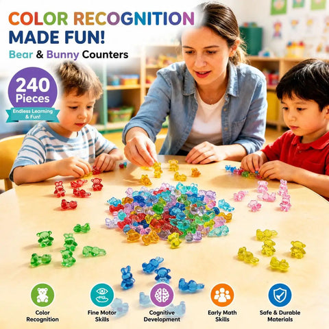 Totally Awesome Math Counting Bears And Bunnies Educational Counter Toy Set Features Two Hundred Forty Durable Plastic Animal Figures used by children for counting.