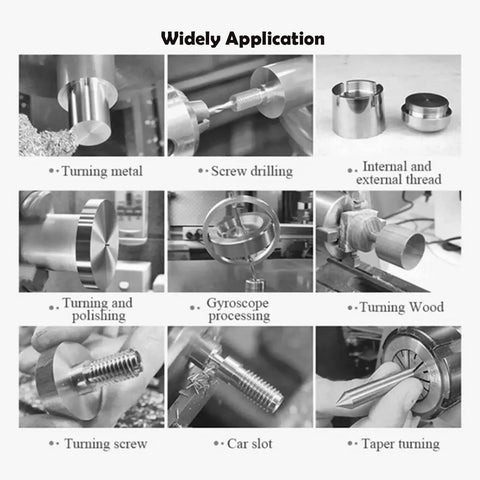 Hardcore Mini Metal Lathe 7x12 Inch Benchtop Workhorse With a Slick Quiet 600 Watt DC Motor and Smooth Variable Speed 50 to 2500 RPM in action, showing various metalworking applications such as turning, drilling, and polishing.