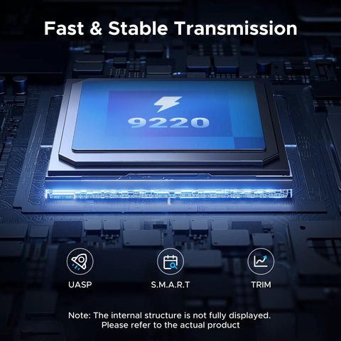 Blazing Fast M.2 Nvme And Sata Ssd Enclosure featuring 9220 controller chip on a circuit board for stable transmission.