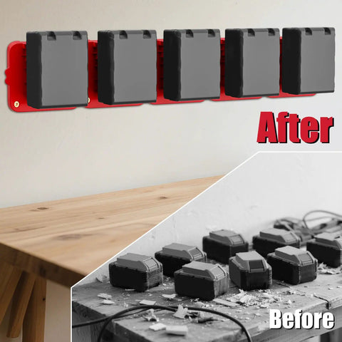 Heavy Duty Milwaukee 18V Battery Holder Storage Pack For Wall Mount Or Shelf Keeps Batteries Neat In Van Or Toolbox Easy Snap In Design With Locking Mechanism 5 Pack shown organizing batteries.