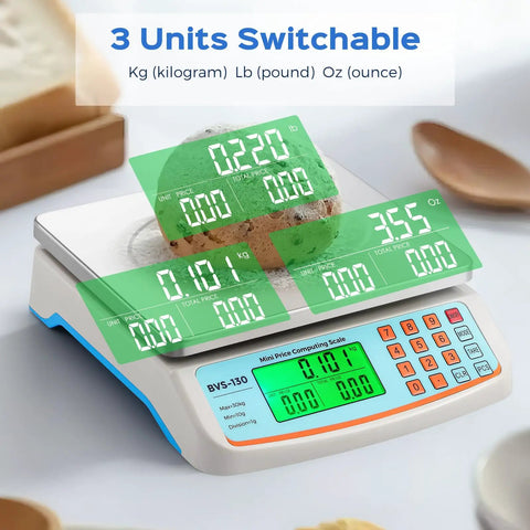 Pro Grade Commercial Food Scale 66Lb 30Kg With Stainless Steel Platter Price Computing Kg Lb Oz Conversion Deli And Produce Scale For Kitchen Or Market With 1G Division displaying weight.