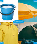 Collage showing blue bucket, yellow umbrella, yellow raincoat, and green tent with text labels: bucket, umbrella, raincoat, tent.