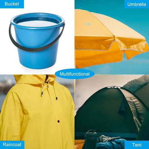 Collage showing blue bucket, yellow umbrella, yellow raincoat, and green tent with text labels: bucket, umbrella, raincoat, tent.