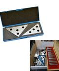 Two metal machinist angle blocks (30-60-90 and 45-45-90) in a blue plastic case.
