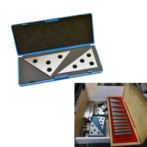 Two metal machinist angle blocks (30-60-90 and 45-45-90) in a blue plastic case.