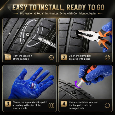 Step-by-step guide for Roadside Tire Repair Kit With 100 Self Sealing Screw Plugs Three Sizes Safe For Cars Trucks Motorcycles SUVs