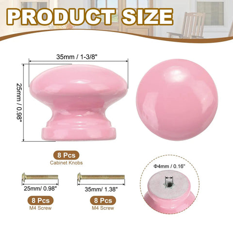 Fresh Pick Red Round Wood Cabinet Knobs 1 3/8 Inch Diameter Pulls For Drawers Cupboards And Dressers Includes Quick Attach Hardware Bad Boy Eight Piece Set close-up showing size dimensions and M4 screw details.