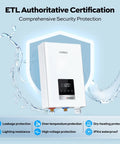 Powerful 14kw Electric Tankless Water Heater Delivers 240v On Demand Instant Heat with ETL Certification and sleek design.