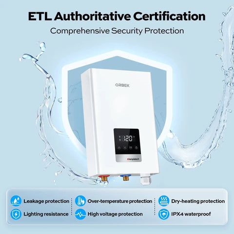 Powerful 14kw Electric Tankless Water Heater Delivers 240v On Demand Instant Heat with ETL Certification and sleek design.