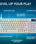 Top Tier Wireless Mechanical Gaming Keyboard Hot Swappable Linear Switches Ridiculously Smooth Pbt Keycaps Serving Insane 8 Khz Polling Speeds For Elite Play In White showcasing RGB lighting, control dial, and LED display.