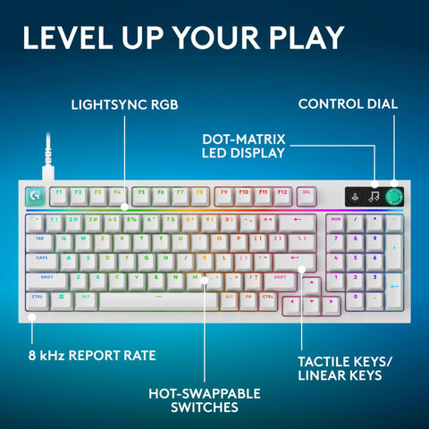 Top Tier Wireless Mechanical Gaming Keyboard Hot Swappable Linear Switches Ridiculously Smooth Pbt Keycaps Serving Insane 8 Khz Polling Speeds For Elite Play In White showcasing RGB lighting, control dial, and LED display.