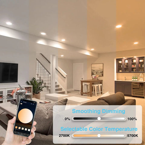 Living room with 6 Inch Smart Recessed Lighting Kit With WiFi LED Ceiling Light 12W 1100LM RGBCW Ultra Thin Downlight and app control