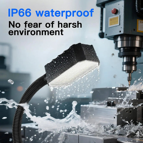 Insane Bright 20W Magnetic Work Light Packing 2000 Lumens, 20 Inch Flexible Gooseneck shown in wet environment with machine.