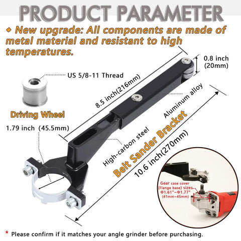 Heavy Duty Angle Grinder Belt Sander Attachment With 5/8 Inch 11 Thread Steel Aluminum Jaw Rig Built For Weld Prep Rust Off And Wood Sanding Comes Stacked With 20 Grit Belts components showing metal driving wheel and high-carbon steel bracket.
