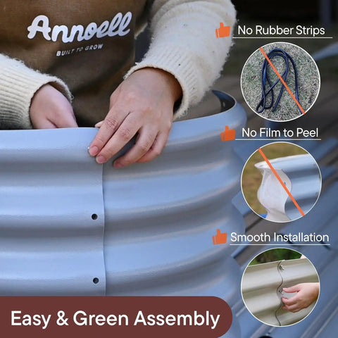 Person assembling Galvanized Raised Garden Bed Kit For Small Spaces In Moss Green 6x2x1.5 Ft with smooth panels and no rubber strips.