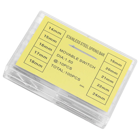 No Tool Quick Release Stainless Steel Watch Strap Spring Bars Kit, 100 Pcs Mixed Sizes 14mm To 24mm Plastic Box